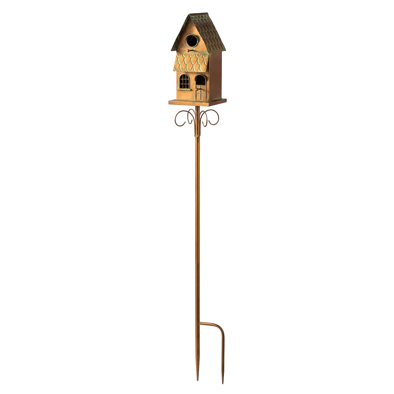 Glitzhome® 53" Farmhouse Faux Copper 2-Tiered Metal Garden Birdhouse with Stake
